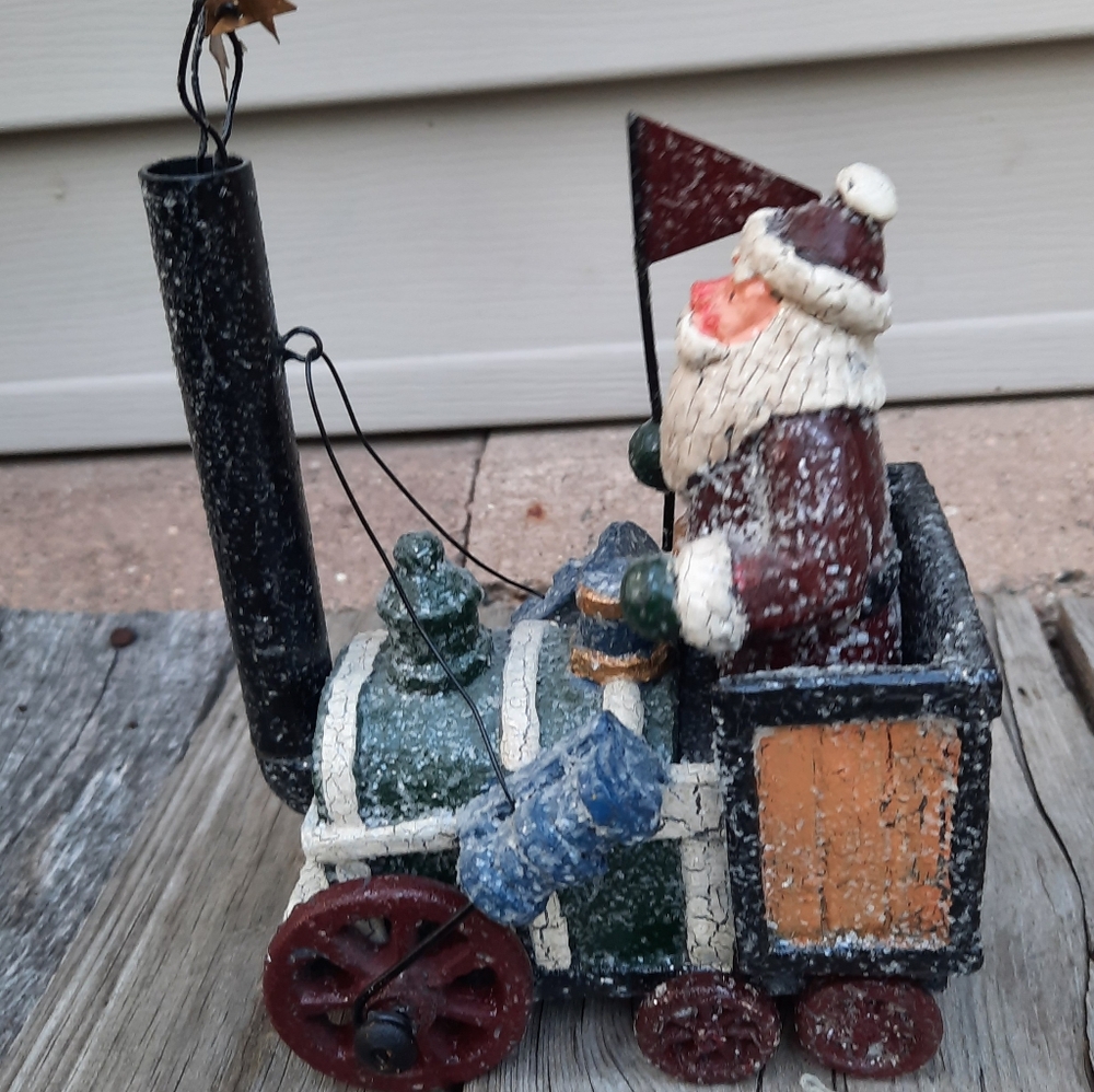 Santa on train metal figurine Christmas Folk Art